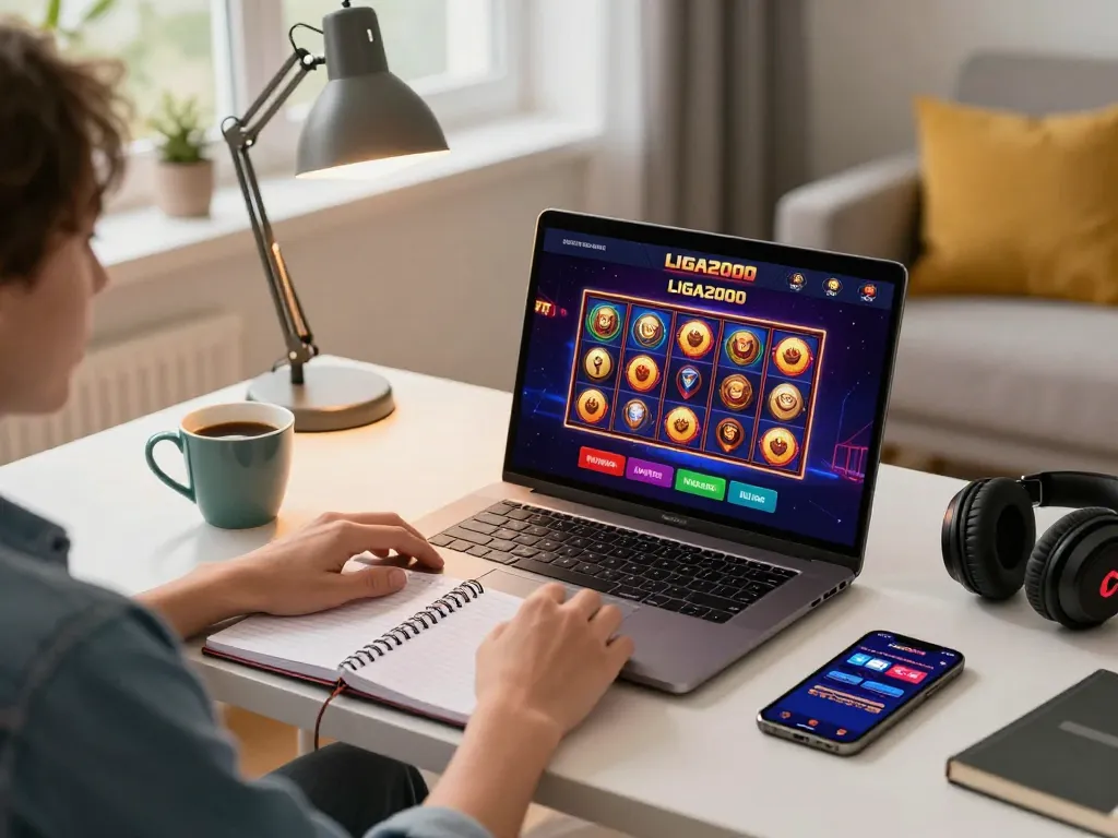 LIGA2000 online gaming scene with a player engaging in strategic betting from a cozy home setup.