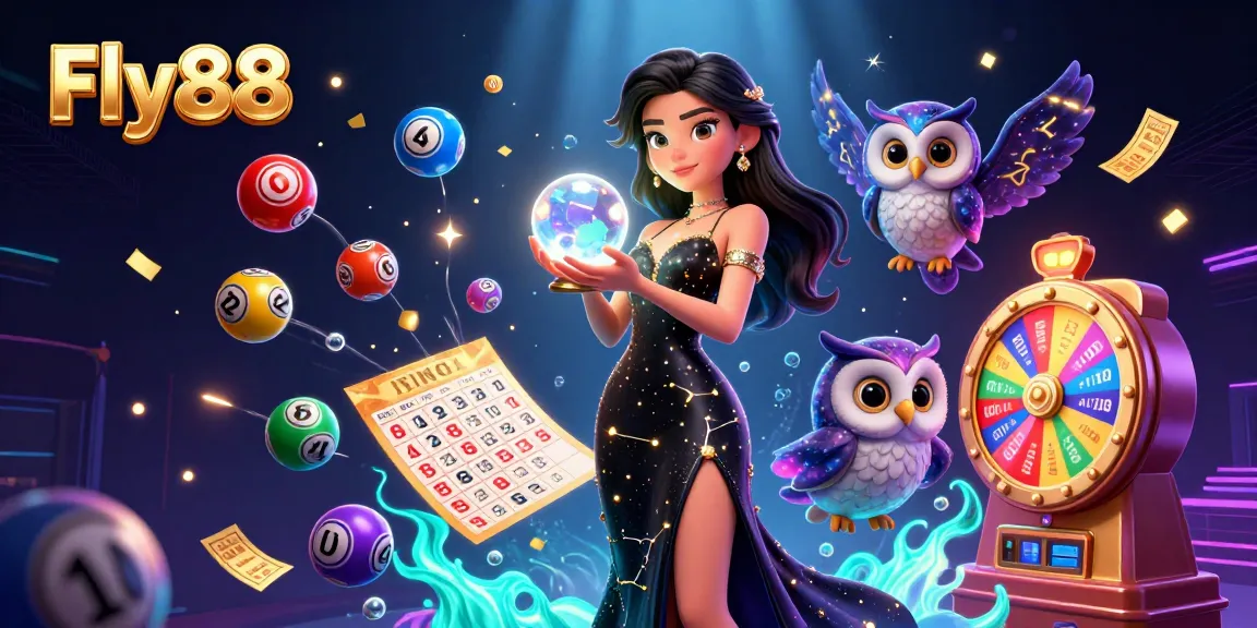 Experience the exhilarating gaming world of Fly88 with vibrant gambling elements, featuring a mystical woman and dynamic visuals.