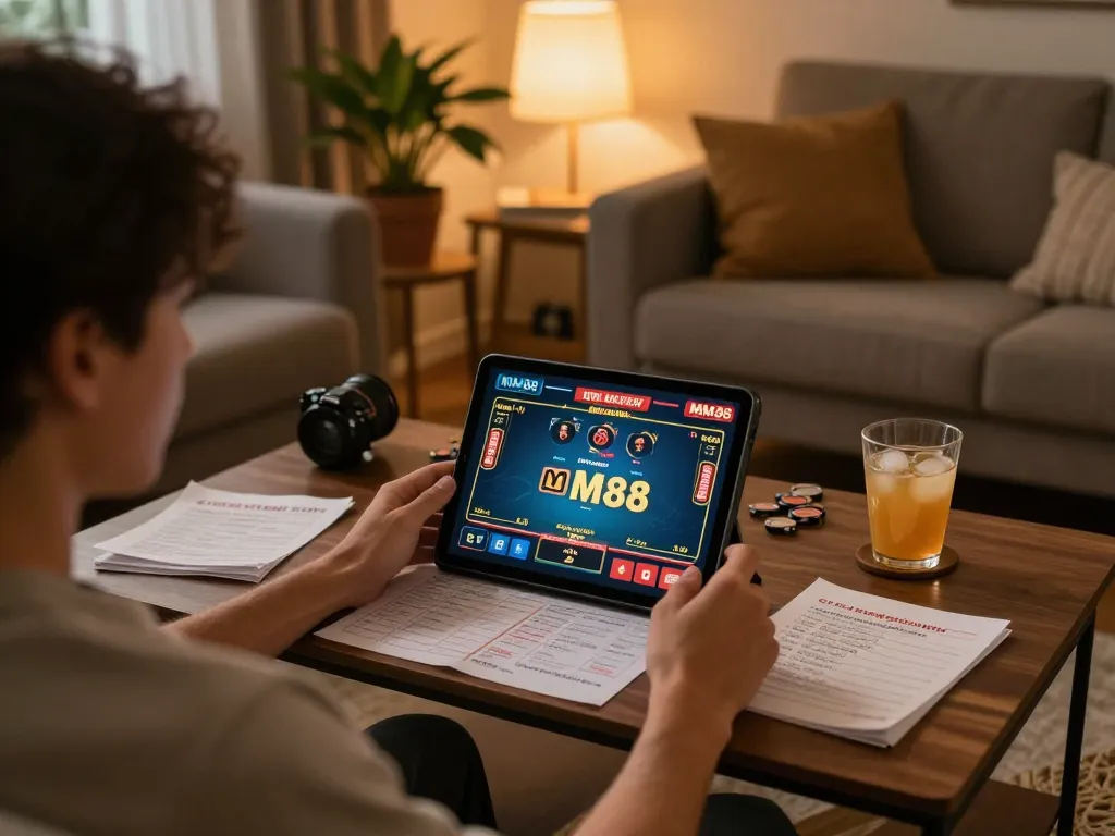 Engaging in responsible online gaming with MM88 tablet setup in cozy living space