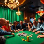 Engaged players at a casino poker table in a luxurious setting.