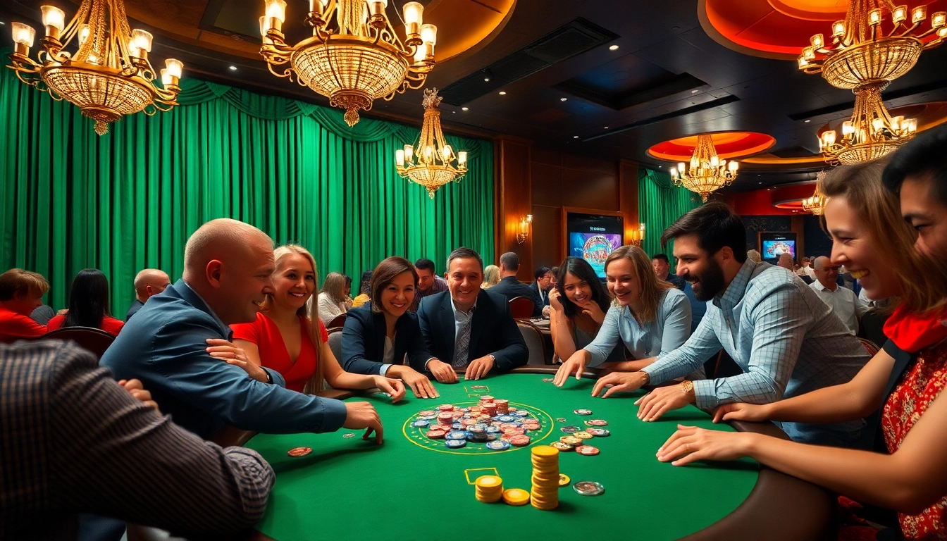 Engaged players at a casino poker table in a luxurious setting.