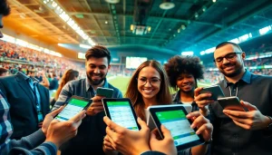 Engaging in Sports Betting with dynamic bettors immersed in a vibrant sports arena.