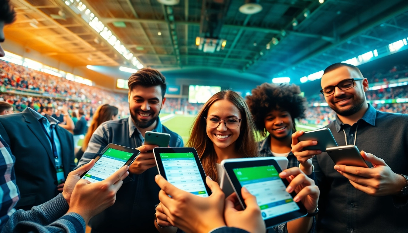 Engaging in Sports Betting with dynamic bettors immersed in a vibrant sports arena.