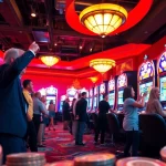 Permainan Slot Game ditampilkan di kasino yang penuh warna dengan pemain yang senang.