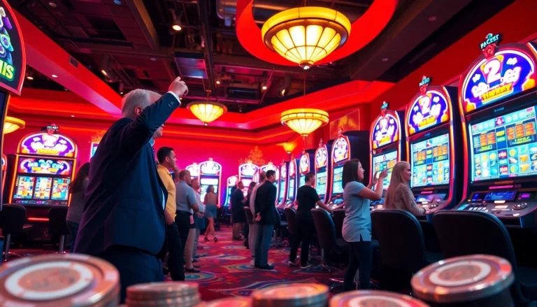 Permainan Slot Game ditampilkan di kasino yang penuh warna dengan pemain yang senang.