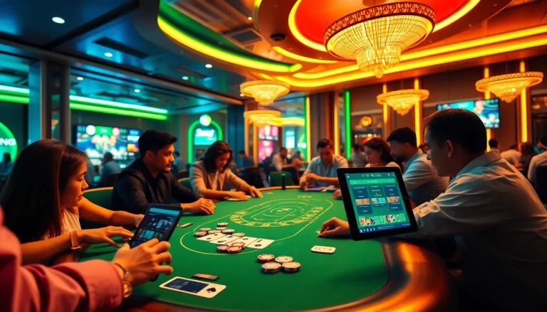 Dynamic online casino scene featuring engaging players at a poker table, representing 79king hn's vibrant gambling experience.