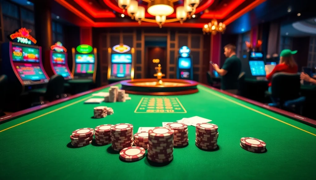 A thrilling casino experience showcasing players engaging with games at http://789winf.com/, featuring poker chips and a roulette wheel.