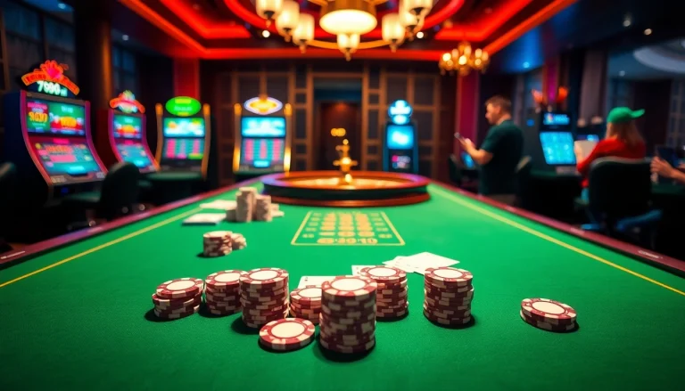 A thrilling casino experience showcasing players engaging with games at http://789winf.com/, featuring poker chips and a roulette wheel.