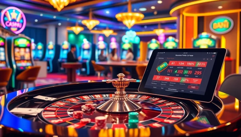 Gambling excitement at a reputable casino, showcasing elements of nhà cái uy tín with roulettes and slot machines.