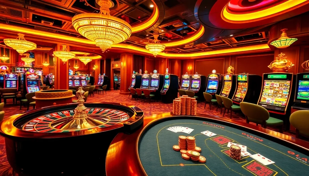 Experience the excitement of 32win.com with a vibrant casino scene featuring roulette, poker, and slot machines.