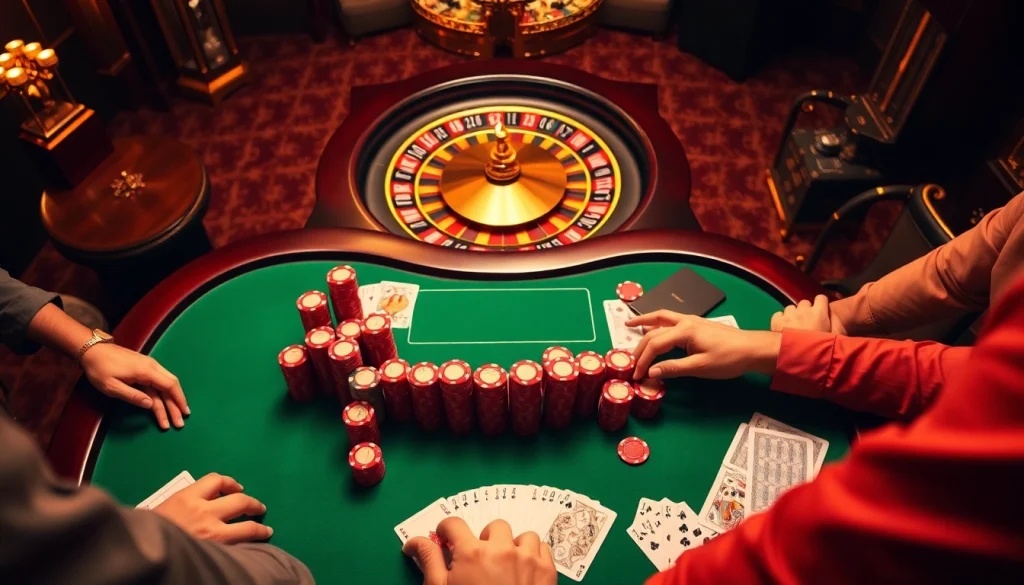Engaged players at a QQ888 poker table in a luxurious casino setting, highlighting excitement and strategy.