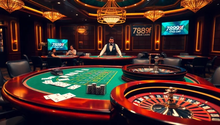 A high-stakes poker game at a luxurious casino featuring 789f nhà cái ambiance.