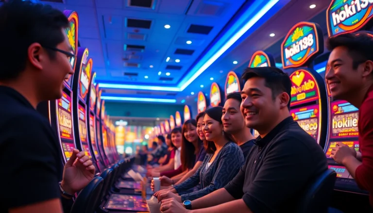 Exciting scene of players engaging with hoki138 slot machines in a vibrant online casino atmosphere.