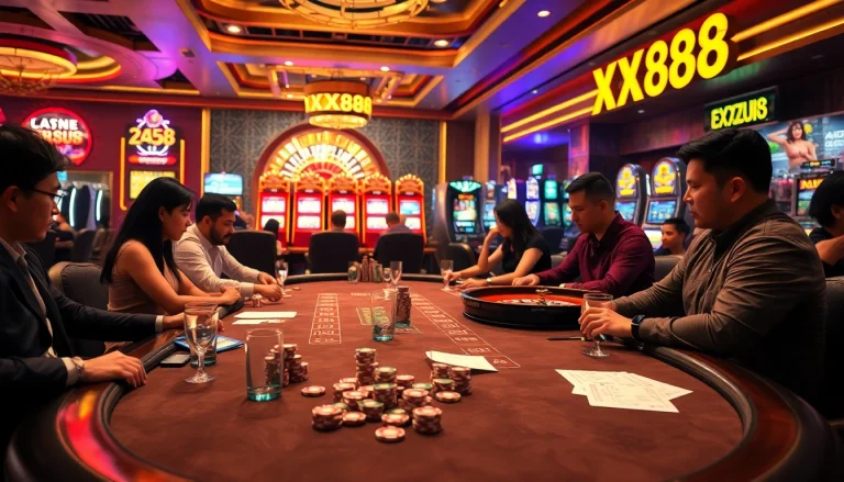 Experience thrilling gameplay at xx88 casino with vibrant slot machines and an exhilarating poker table.