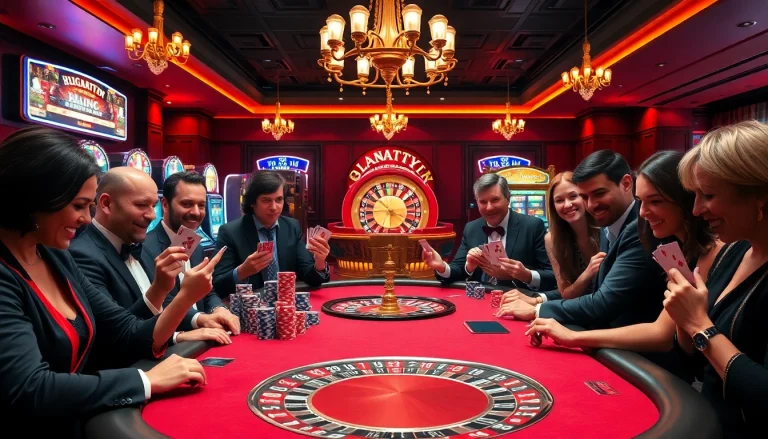 Players enjoying a thrilling game at the poker table featuring elements from https://kingarthurcafe.com/menu in a vibrant casino.