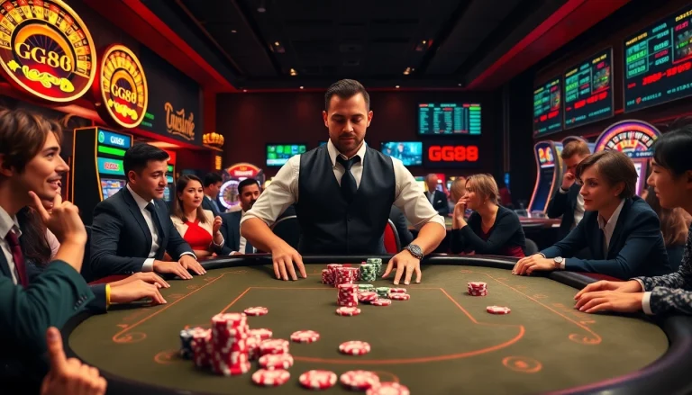Exciting GG88 casino scene showcasing poker chips and a gaming table filled with thrill.