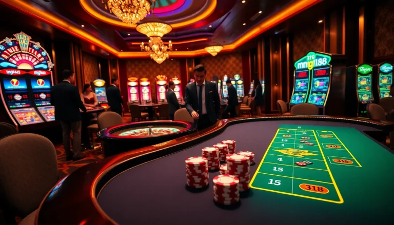 Experience mg188's upscale casino atmosphere with vibrant tables, professional dealers, and engaging gameplay.
