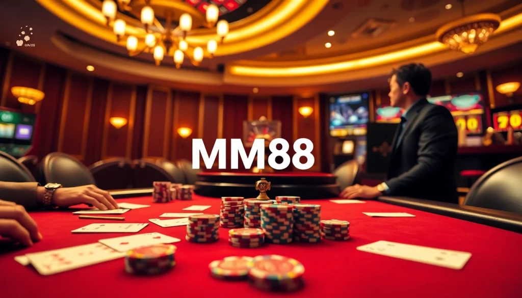 Experience MM88 HOW with an exciting casino scene featuring poker tables and roulette wheels.