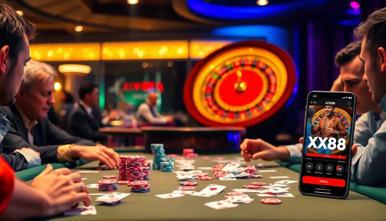 Exciting poker game scene at https://xx88.vin/ with players focused on cards and chips in a luxurious casino.