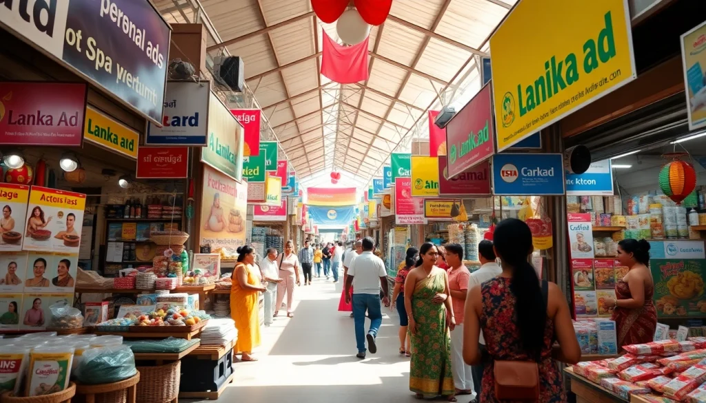 Lanka Ad marketplace scene with vendors showcasing colorful services and personal ads in Sri Lanka.