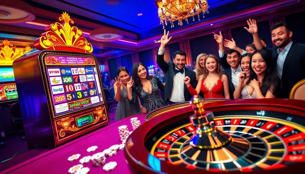 Exciting scene at xx88casino.com with players celebrating wins at a luxurious casino table.
