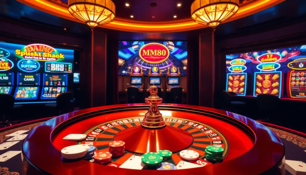 Engaging casino scene with roulette, poker chips, and online gambling elements from https://mm88.vegas/