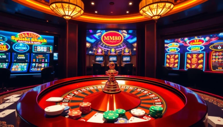 Engaging casino scene with roulette, poker chips, and online gambling elements from https://mm88.vegas/