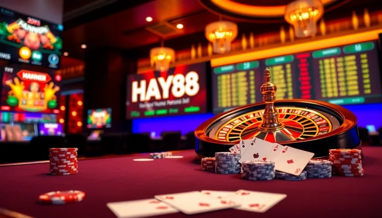 Experience the thrilling gameplay at hay88 with a luxurious gambling scene featuring poker chips and roulette.
