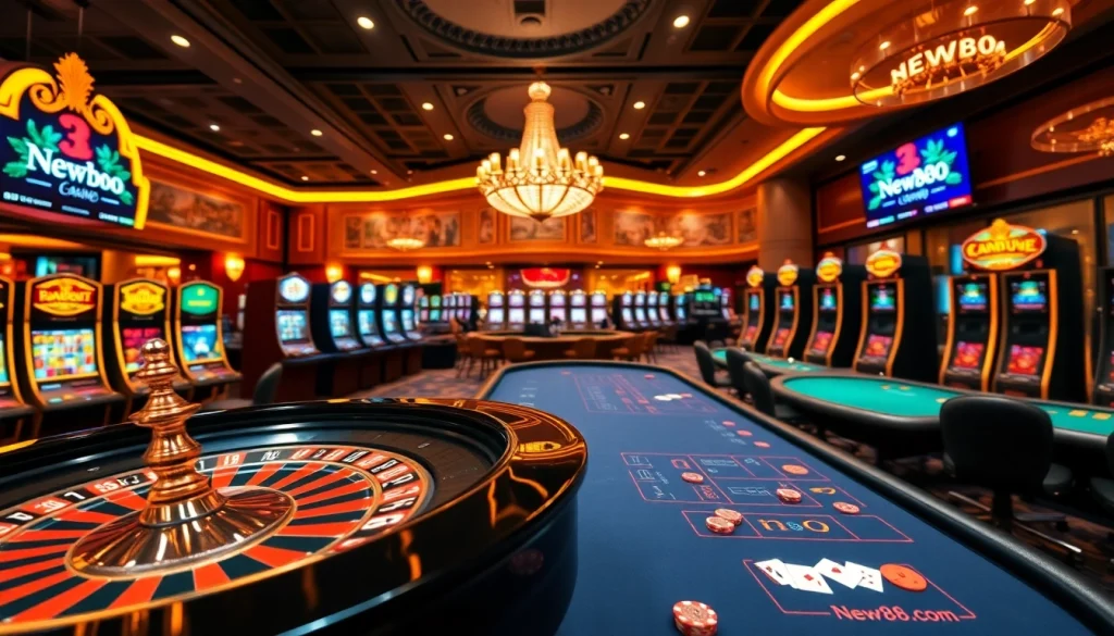 Experience the vibrant casino atmosphere with new88 com, featuring roulette tables and excited players.