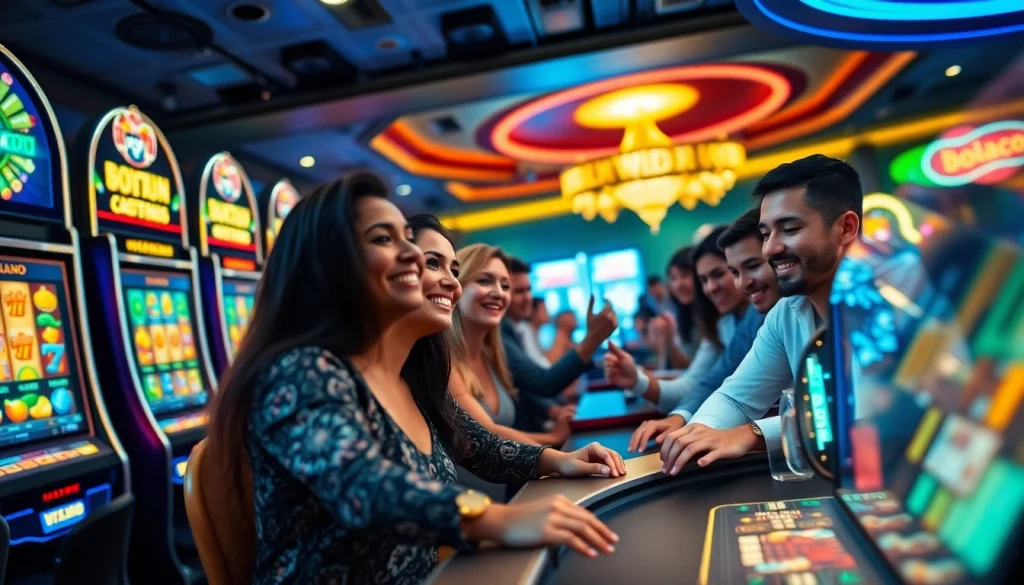 Exciting bolagacor online gaming scene with diverse players celebrating wins at a live casino.