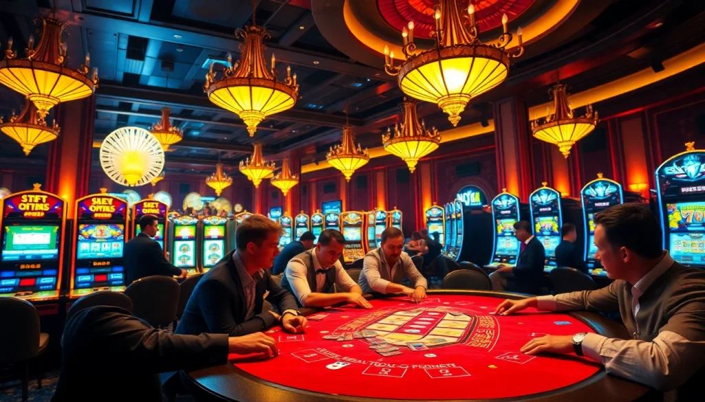 Gambling excitement at a poker table surrounded by slot machines inspired by https://s86.com.