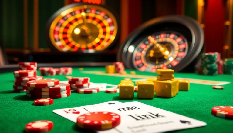 Experience the thrill of the rr88 link with dazzling casino action featuring cards, chips, and a roulette wheel.