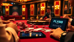 Engage with the FLY88 casino scene featuring vibrant poker chips and an elegant roulette wheel.