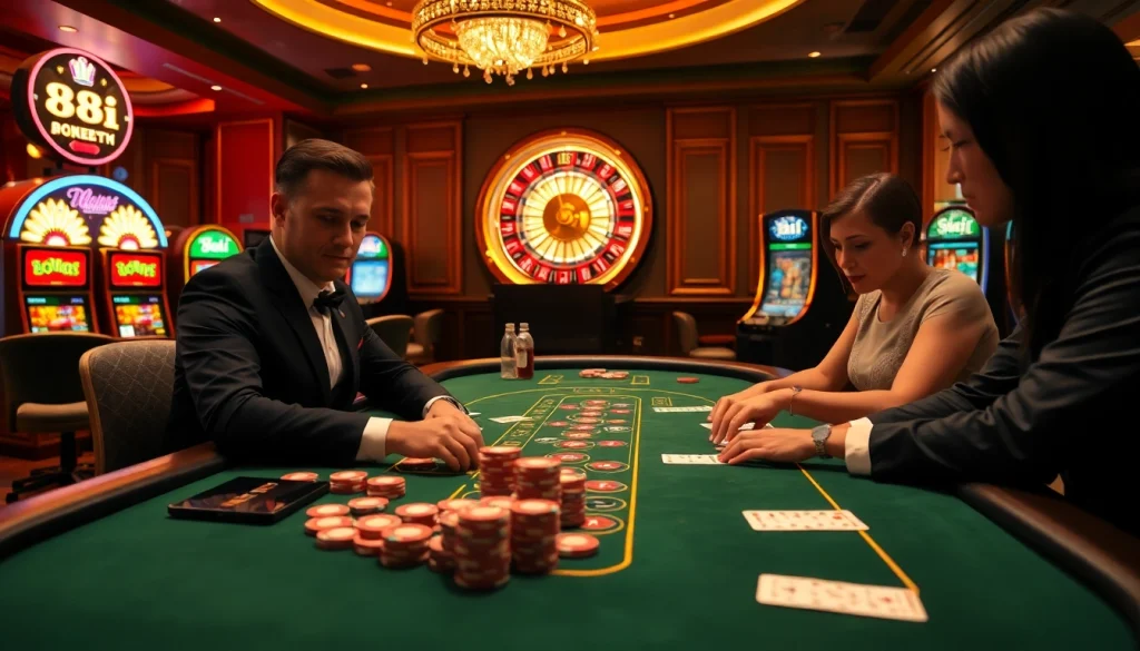 Players enjoying an exciting game of blackjack at 88i's luxurious casino, with vibrant roulette and slot machines.