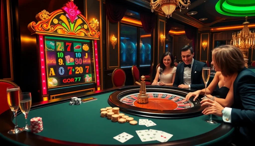 Gori77 players enjoying high-stakes excitement at a luxurious casino with vibrant slot machines.