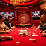 Engaging atmosphere of a poker game at https://okwin.blog/, showcasing intense players and vibrant casino elements.