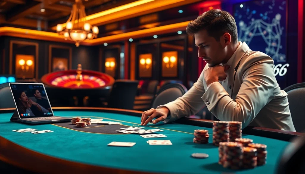 Experience thrilling gameplay at MB66 with dynamic casino table settings and vibrant poker chips.