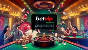 Trải nghiệm sự hứng khởi của ứng dụng BetVIP với hình ảnh casino sống động, nổi bật với chip poker và các cược năng động.