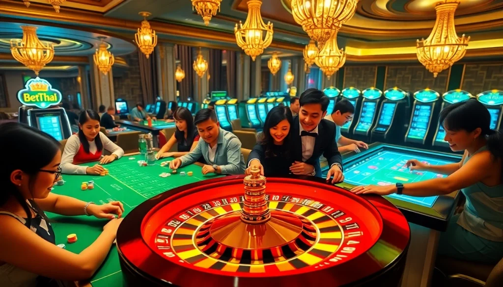 Gamblers enjoying a luxury casino experience at BK8Thai with poker, slots, and roulette tables.