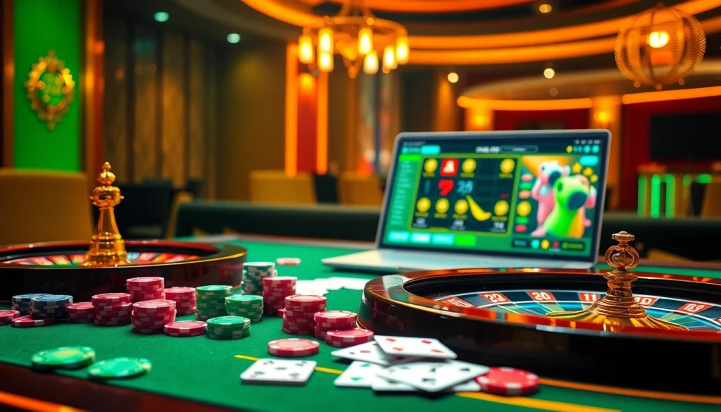 Exciting gaming scene showcasing rikvip poker chips and roulette wheel in a vibrant casino atmosphere.