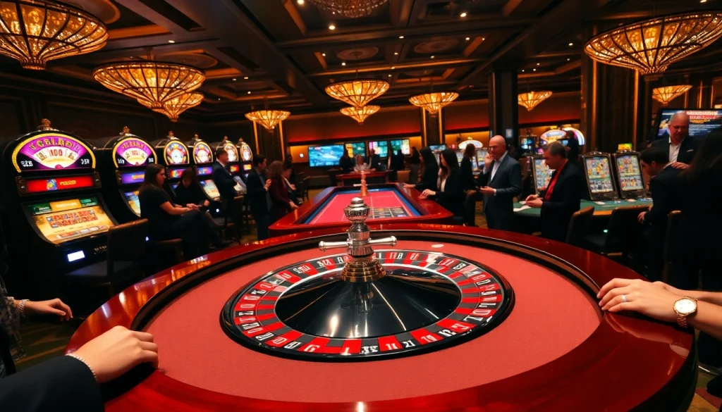Exciting casino atmosphere with players at roulette table embracing thrilling nh88 gaming moments.