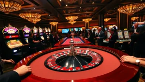 Exciting casino atmosphere with players at roulette table embracing thrilling nh88 gaming moments.