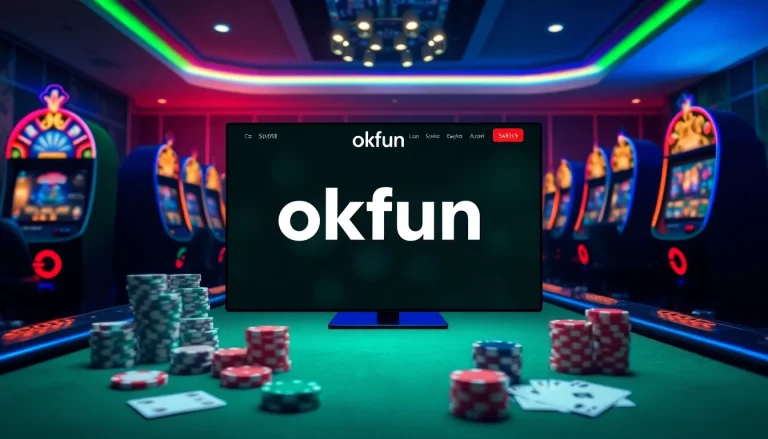 Exciting gambling action on okfun.social with poker chips and shining slot machines.