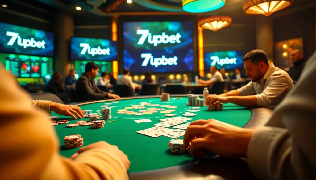 Experience the excitement of gambling at 7upbet with vibrant casino scenes and intense poker gameplay.