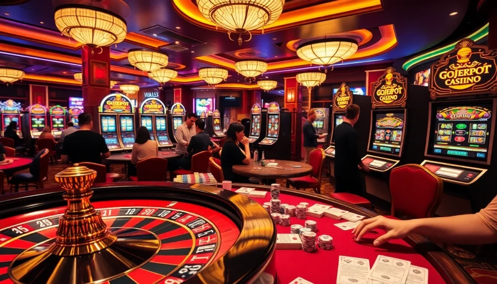 Gambling enthusiasts celebrating wins at the casino with gojekpot-themed slot machines.