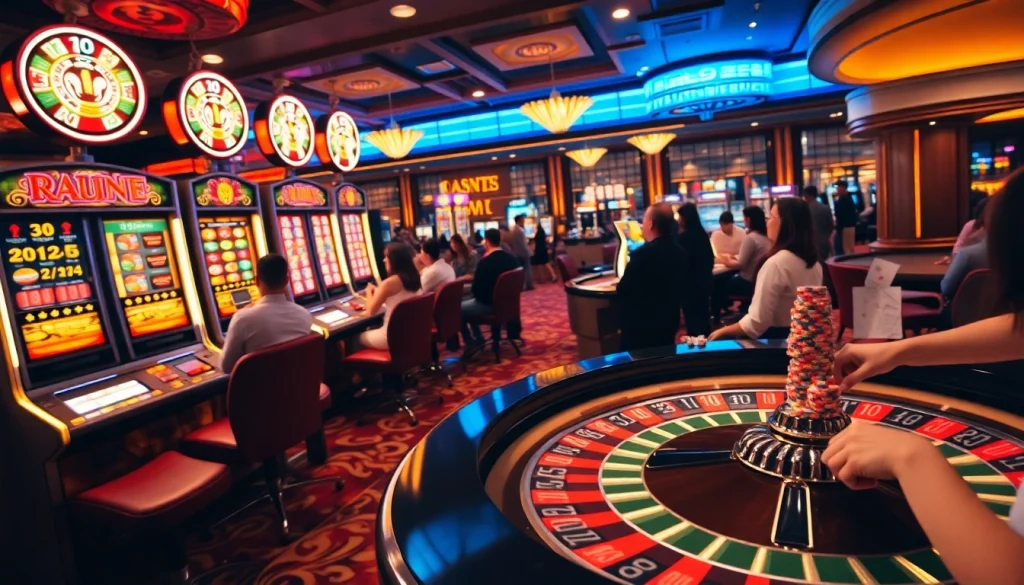 Players enjoying exciting games at NK88 casino, featuring vibrant slot machines and roulette.