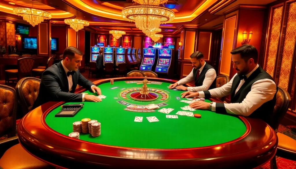 Players enjoying an exciting poker game at XX88's luxurious casino table.