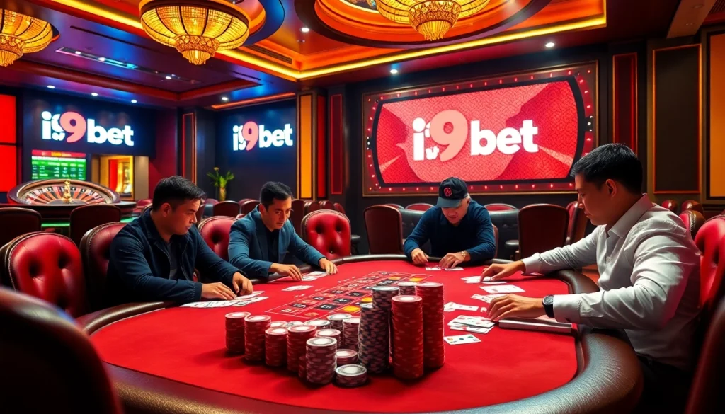 Engaging poker players at i9bet casino table with vibrant chips and cards in action.