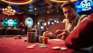 Gamer at a poker table enjoying the b52 club experience with vibrant chips and cards.