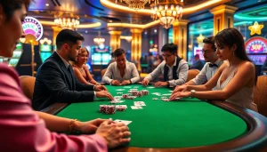 Participate in a thrilling poker game at https://rr88co.net/ featuring vibrant chips and engaged players.